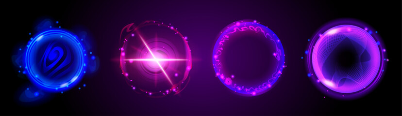 Neon glow circle portal with light magic effect. 3d abstract strange round luminous energy swirl. Isolated circular speed power futuristic vortex hologram explosion with purple beam frame teleport.