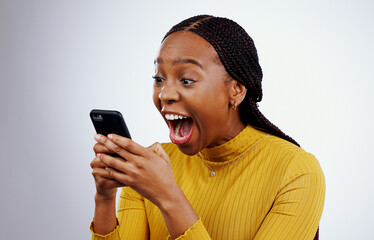 Woman, reading phone and wow for happy news, social media competition or giveaway success on a...
