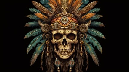 tribal shaman skull, digital art illustration, Generative AI - obrazy, fototapety, plakaty