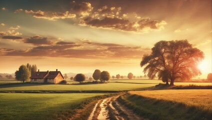 Tranquil sunrise over green farmland with idyllic countryside scenery
