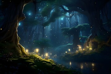 A magical forest illuminated by fireflies at twilight.
