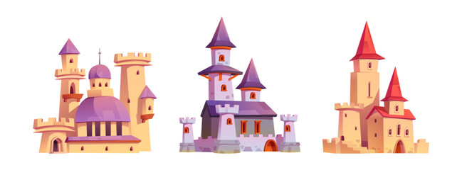 Naklejka premium Fairytale medieval royal castle with flags on towers, windows and gates. Cartoon vector illustration set of ancient palaces or fortresses architecture with stone walls for kings, queens and princess.