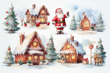 Fototapeta premium Colored water Santa Claus Christmas tree gift - reindeer Candy cane stockings, snowflakes, gingerbread cookies, mistletoe, Christmas lights, wreaths, snowman by Generative AI