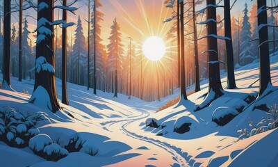 Beautiful snowy winter landscape with forest and sun. winter sunset in the forest
