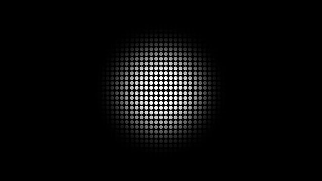 敷き詰められた丸ドット・ピクセルがスピーカーのように鼓動・振動するループアニメーション　10秒ループ　白黒・黒背景　アルファチャンネル