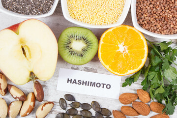 Inscription hashimoto with beneficial eating for thyroid gland. Healthy ingredients containing vitamins and minerals
