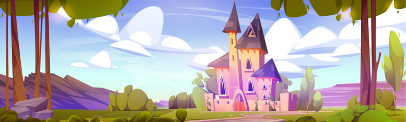 Fairytale castle on rocky mountain landscape. Vector cartoon illustration of medieval royal palace, fantasy forest trees, green lawn, bushes, blue sunny sky with fluffy white clouds, game background