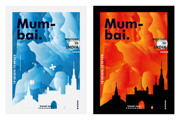 India Mumbai city poster pack with abstract skyline, cityscape, landmark and attraction. Maharashtra travel vector illustration layout set for vertical brochure, website, flyer, presentation