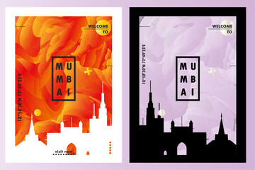 India Mumbai city poster pack with abstract skyline, cityscape, landmark and attraction. Maharashtra travel vector illustration layout set for vertical brochure, website, flyer, presentation - obrazy, fototapety, plakaty