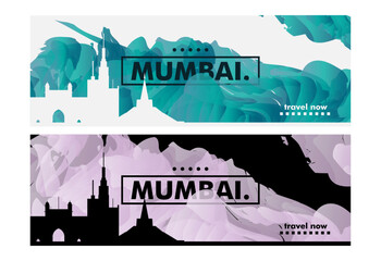 Fototapeta premium India Mumbai city banner pack with abstract shapes of skyline, cityscape, landmark. Maharashtra vector horizontal illustration layout set for brochure, website, page, presentation, header, footer