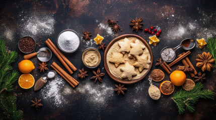 Festive preparation of homemade gingerbread cookies, surrounded by an array of aromatic spices and baking ingredients on a rustic tabletop.
