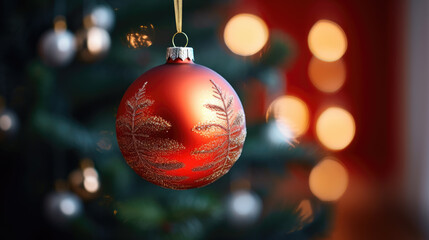 Close up of a beautiful ball on decorated Christmas tree. Christmas and New years eve background.