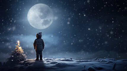 A child in warm winter clothing stands in a snowy landscape at night, gazing at a bright star, with a small illuminated Christmas tree in the background creating a magical holiday scene.