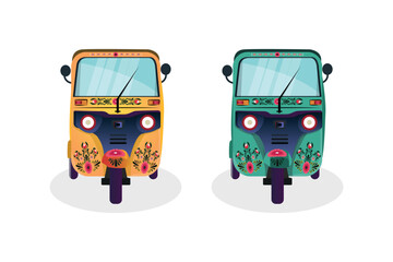 Set of yellow and Green auto-rickshaw illustrations in India. with rickshaw paint on it. front view, side view of tuk-tuk.