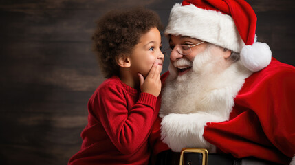 Obraz premium A young child is sharing a secret with a cheerful Santa Claus against a backdrop of a decorated Christmas tree and presents, encapsulating a magical holiday moment.