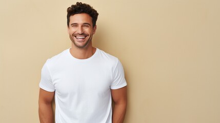 A man exuding happiness, hands tucked in his pockets, wearing a clean white mock-up t-shirt, his smile reflecting his genuine joy.