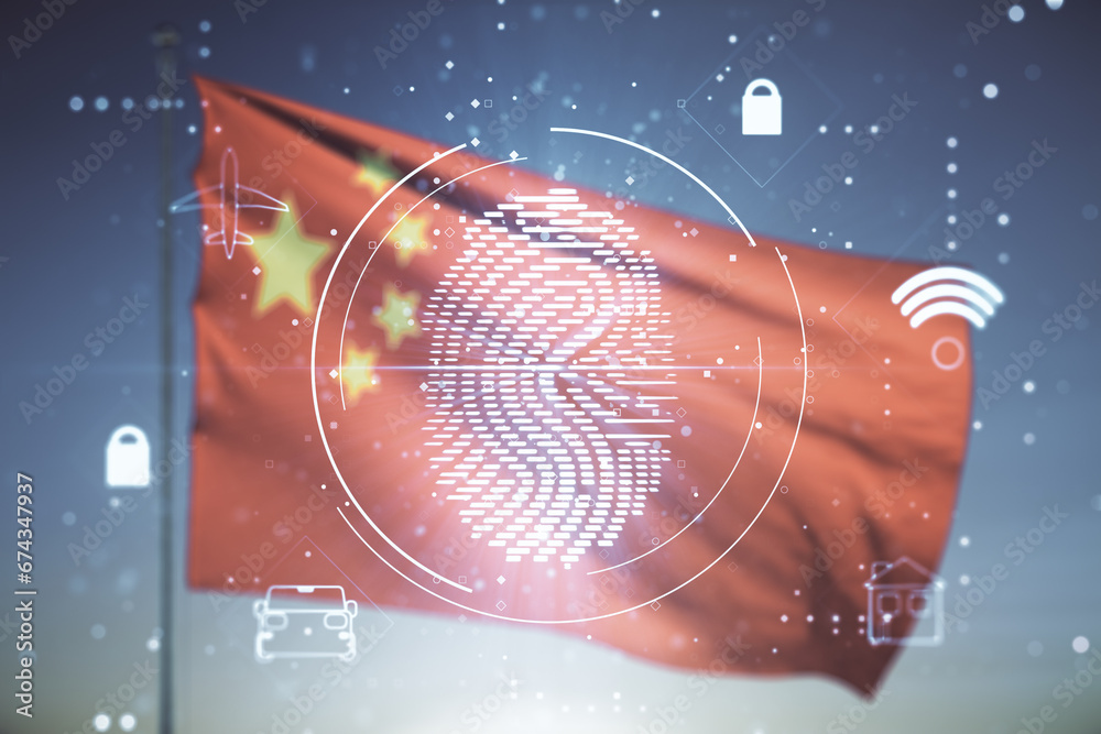 Poster multi exposure of virtual fingerprint scan interface on flag of china and blue sky background, digit