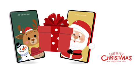 Merry Christmas and happy new year with Santa Claus, snowman, deer and cell phone. Holiday cartoon character in winter season. -Vector