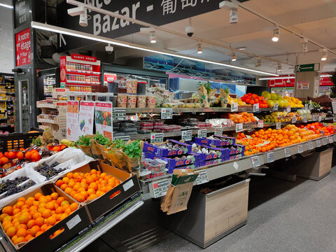 Strasbourg, Alsace, France -October 21, 2023: Interior of large French Auchan supermarkets