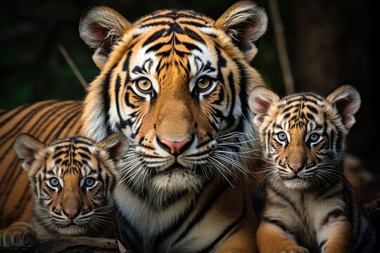 Three tiger cubs with mother in the zoo. (Panthera tigris altaica)