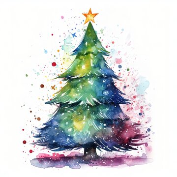 Illuatration of a colorful watercolor Christmas tree