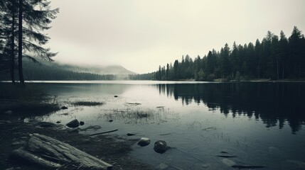 Misty Mountain Serenity: Tranquil Lake Scene for Reflective Moods and Calming Spaces