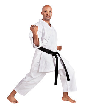 african american karate man in a kumite stance, exercising his kata, in white kimono uniform with belt
