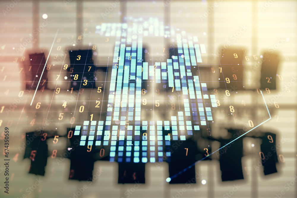 Poster double exposure of creative bitcoin symbol hologram on a modern boardroom background. mining and blo