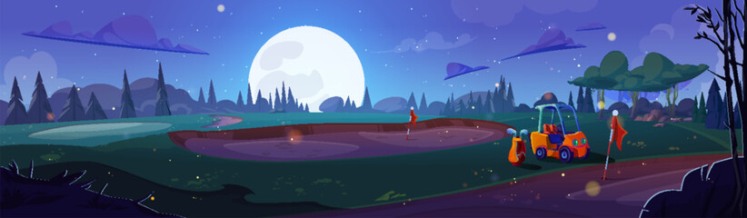 Golf course with green grass surface, sandy areas at night under fool moon light. Cartoon twilight vector landscape of empty golfcourse yard with buggy cart and putters near hole with pin flag. - obrazy, fototapety, plakaty