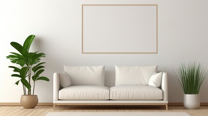 A mockup of a white frame in a minimalist living room with a beige sofa, wooden floor, and a small indoor plant.