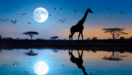 Jirafa en noche de luna llena junto a un río en la sabana Africana - obrazy, fototapety, plakaty