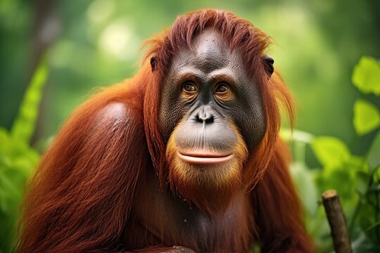 Portrait of a female orangutan in the wild nature.