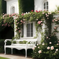 Fototapeta na wymiar a wall with rose vines, a bench, a white two-story mansion. Generative AI