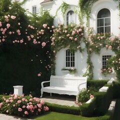 Fototapeta na wymiar a wall with rose vines, a bench, a white two-story mansion. Generative AI