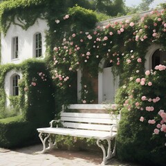 a wall with rose vines, a bench, a white two-story mansion. Generative AI