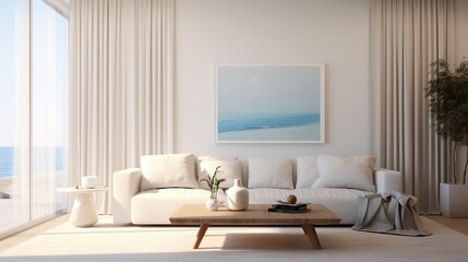 A mockup of a white frame in a minimalist living room with a glass coffee table, beige curtains, and a glimpse of blue sky.