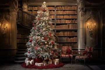 Fototapeta na wymiar christmas tree with books inside an old castle