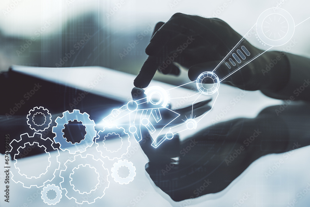 Aufkleber Creative abstract robotics technology hologram and finger presses on a digital tablet on background, artificial intelligence and machine learning concept. Multi exposure