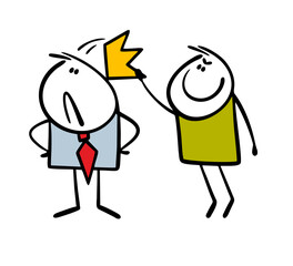 Brave subordinate secretly removes crown from the arrogant boss. Vector illustration of businessman imagines himself to be king. Colleagues at work are joking.
