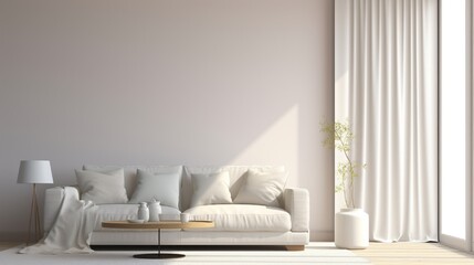 A mockup of a white frame in a minimalist living room with a glass coffee table, beige curtains,...