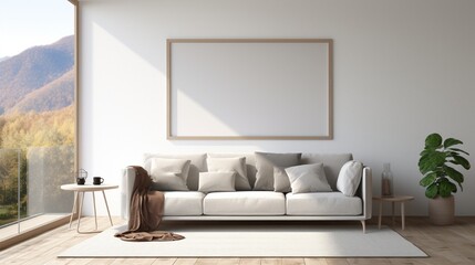 A mockup of a white frame in a simple living room with light-colored furniture and a large window overlooking nature.