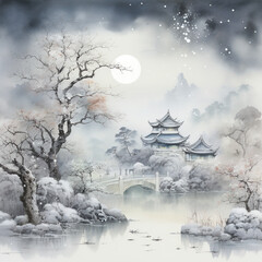 Chinese Ink Wash Painting Christmas Seen