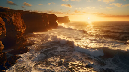 Obraz premium Majestic coastal cliffs bathed in golden sunlight, overlooking the vast expanse of the ocean as waves crash against the rugged shore. Ai Generated.NO.02