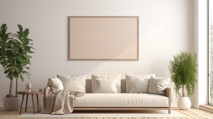 A mockup of a white frame in a serene living room with a beige couch, soft lighting, and a glimpse of a garden through the window.