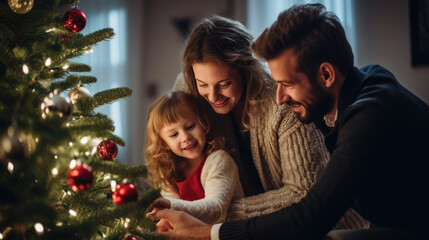 Happy family with their daughter decorating the tree for Christmas