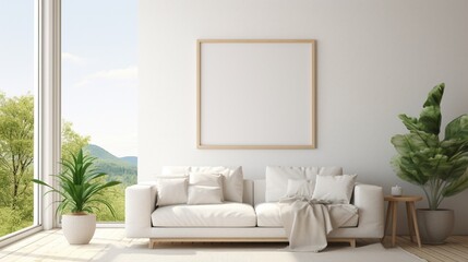 A mockup of a white frame in a simple living room with light-colored furniture and a large window overlooking nature.