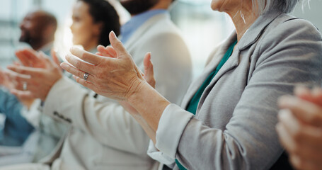 Business people, hands and applause at conference, workshop or convention with work audience....