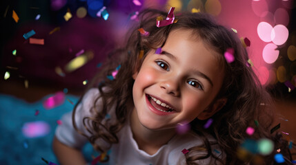 A joyful young girl with curly hair and a radiant smile is surrounded by floating golden confetti against a vibrant bokeh background.