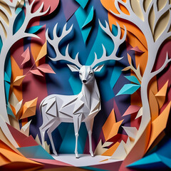 Deer made of paper on the abstract background.