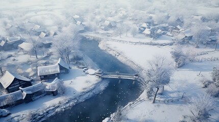 Aerial View of Snowy Village, River, and Bridge
